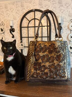Sharif Brown and Gold Floral Beaded Tote EUC with Miss Chloe Mae modeling